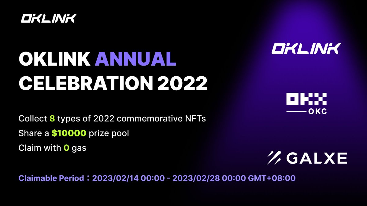 🎉OKLink Annual Celebration 2022 Event Part 2 has started!

👀Limited to 2000 places, first come first served! Act fast!

💰Claimable Period：2023/02/14 00:00 - 2023/02/28 00:00 GMT+08:00

🔗galxe.com/OKLink/campaig… (Supported by <a href="/Galxe/">Galxe</a> )