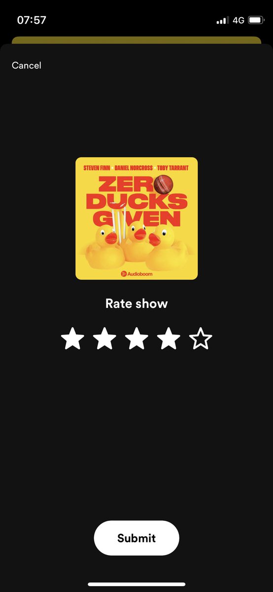 twhv's tweet photo. @zeroduckspod So I took up the call from @tobytarrant to give the pod a review and it seems Spotify doesn’t like you either - wouldn’t let me give a better than 4*s (no submit button on the 5*?!). Conspiracy? Or are they also listening at Spotify HQ? https://t.co/1PHgTt9NY8