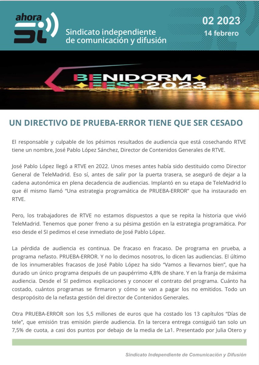 SindicatoSIRTVE's tweet photo. Un directivo de prueba-error tiene que ser cesado. #rtve #tve #rne 

Toda la información en la web: 
https://t.co/sG4t5NsLRd https://t.co/JtweMykj7z
