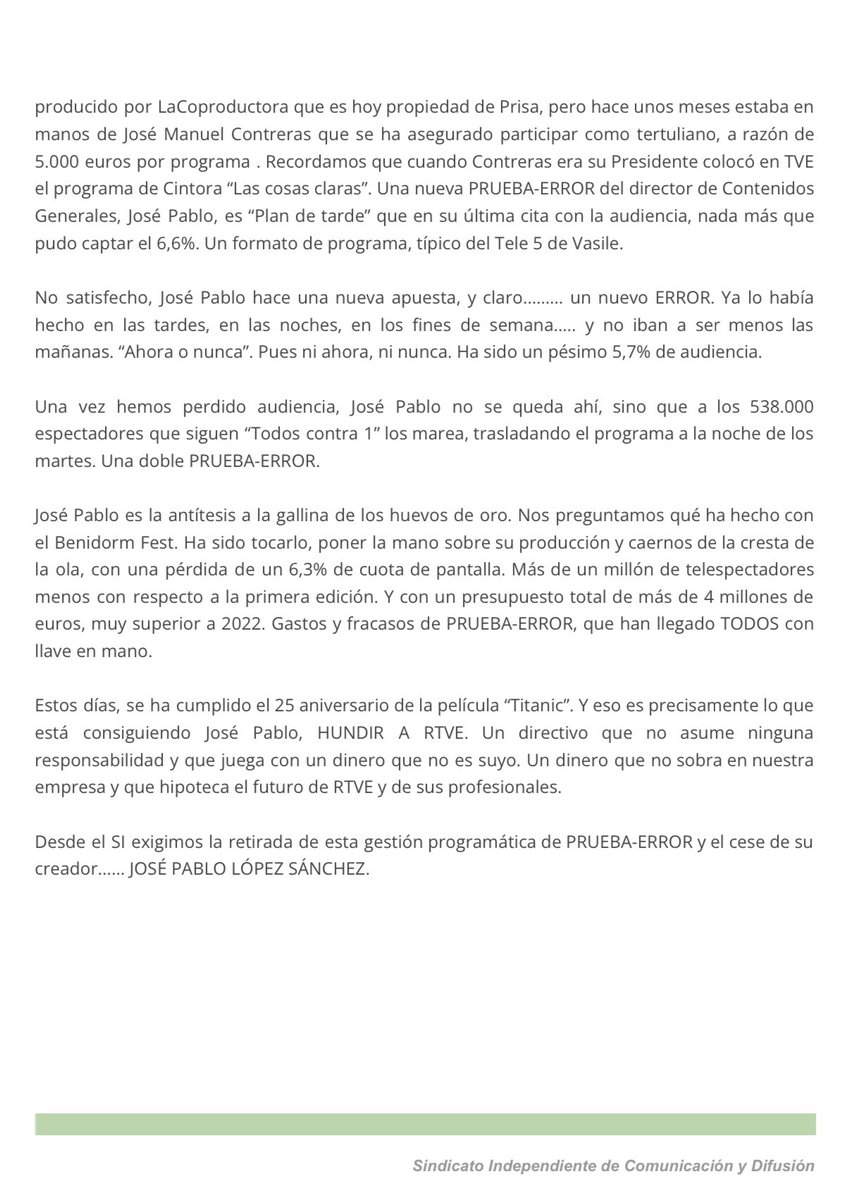 SindicatoSIRTVE's tweet photo. Un directivo de prueba-error tiene que ser cesado. #rtve #tve #rne 

Toda la información en la web: 
https://t.co/sG4t5NsLRd https://t.co/JtweMykj7z
