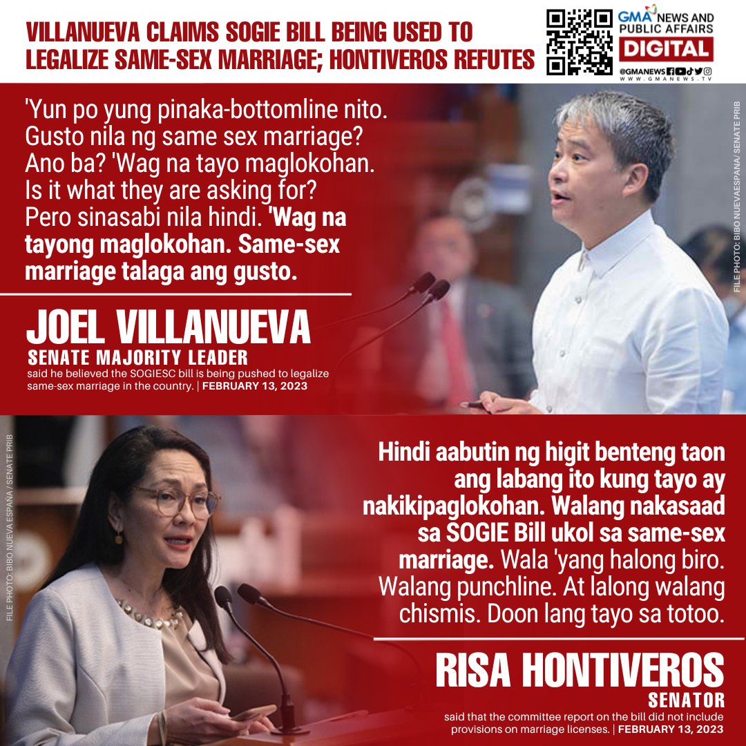 gmanews's tweet photo. Senate Majority Leader Joel Villanueva on Monday said he believed the SOGIESC bill is being pushed to legalize same-sex marriage—a claim immediately refuted by Senator Risa Hontiveros, who said that the committee report on the bill did not include provisions on marriage licenses. https://t.co/4cWNduMZyS