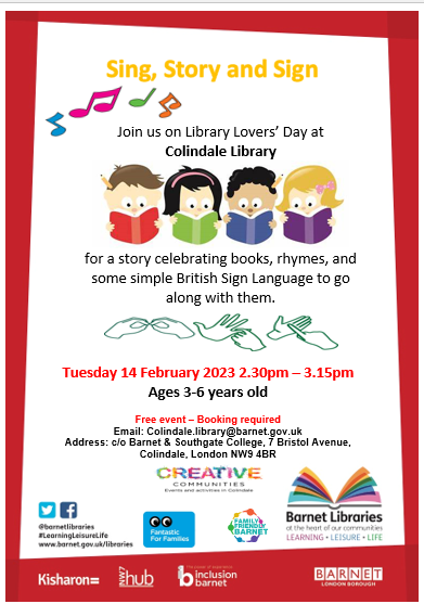 BarnetLibraries's tweet photo. Itโs #LibraryLoversDay and we have a few places left for Sing, Story and Sign this afternoon at 2.30pm.
Booking required, email: colindale.library@barnet.gov.uk
#CreativeCommunitiesColindale @cct_colindale @BarnetTogether https://t.co/3UxwTXUYH9