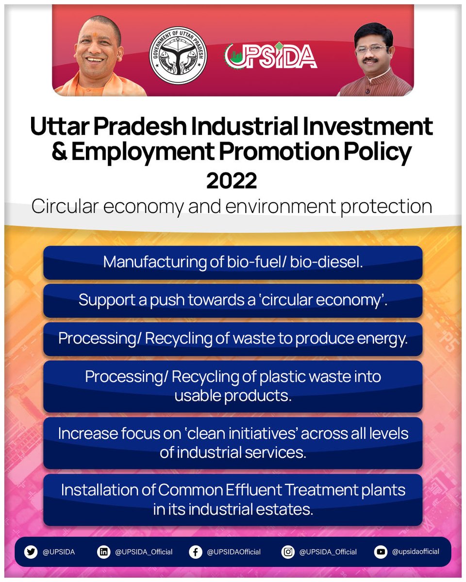 #UPIIEPP2022 Uttar Pradesh Industrial Investment & Employment Promotion Policy 2022 commits to sustainable growth. The state government also ensures a clean and green environment along with promoting industrialization. #infrastructure #investment #development