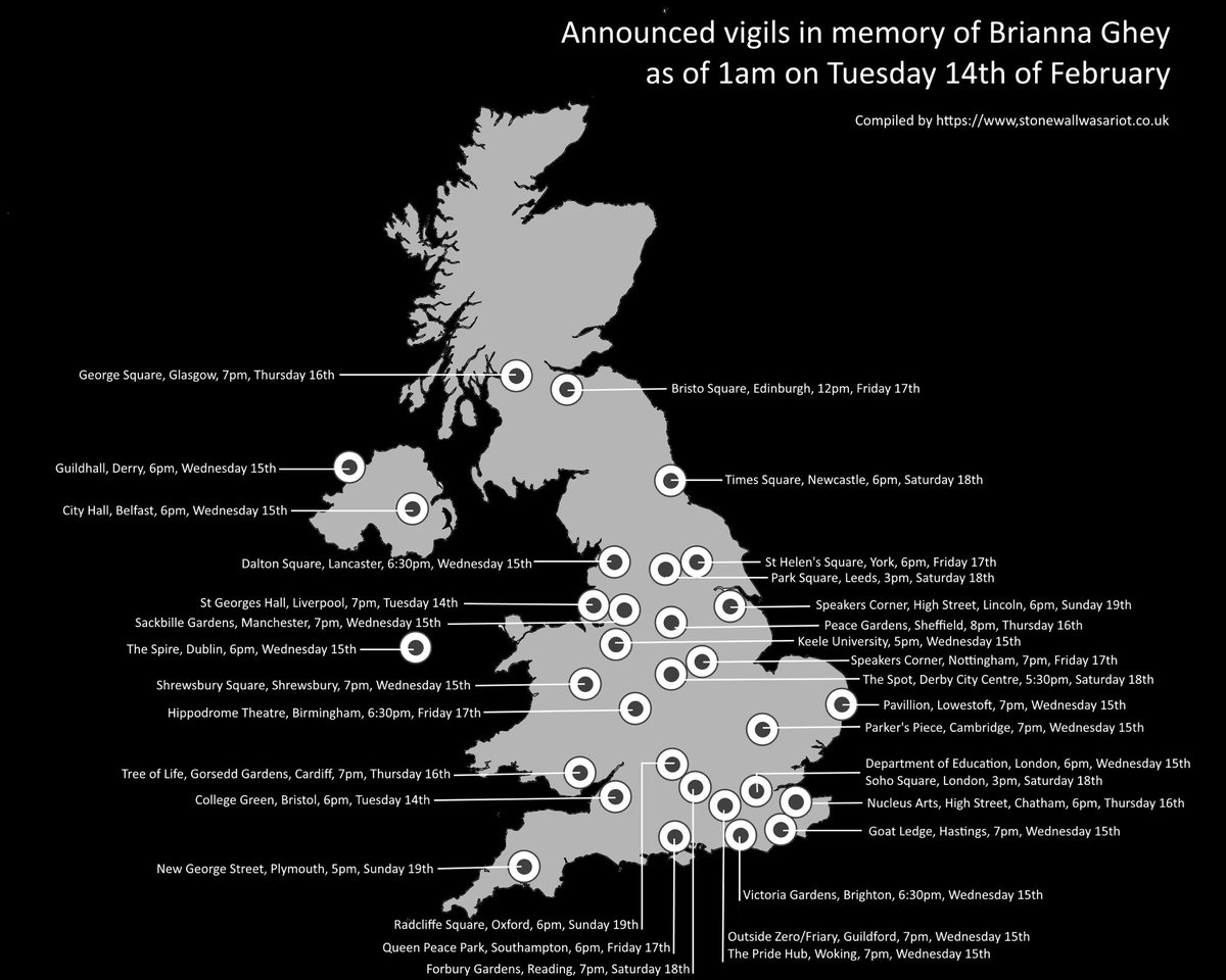 Here's a map showing all of the announced Brianna Ghey vigils across the UK, as of 1am this morning. 

Say her name: Brianna Ghey
Say her pronouns: she/her 

#sayhername #sayherpronouns #briannaghey #justiceforbriannaghey #vigil #translivesmatter