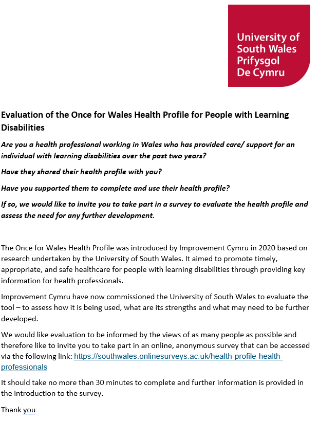 NorthwayRuth's tweet photo. Health professional working in Wales? Have you provided care for someone with a learning disability with a 'Once for Wales Health Profile' / supported someone to complete their health profile? To participate in a survey please use this link and see  below: https://t.co/8gba2LtGxp https://t.co/ORfcZ5b3og