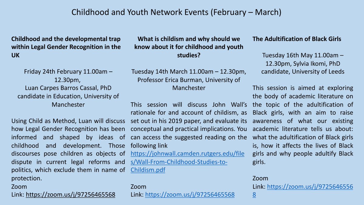 Upcoming events from Childhood and Youth Research Network, Power Inequality and Activism Research Group at <a href="/EducationUoM/">Manchester Institute of Education (MIE)</a>  <a href="/OfficialUoM/">The University of Manchester</a>. 
#PIAatMIE