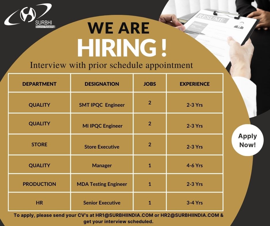 We are Hiring..
Join our Team now!
To apply, please send your resumes to HR1@SURBHIINDIA.COM & get your interview scheduled.
#interview #team #hiring #hiringalert #hr #growth #manufacturing #electronicsmanufacturing #qualityengineer #qms #jobs #hrhiring #hrexecutive #storemanager