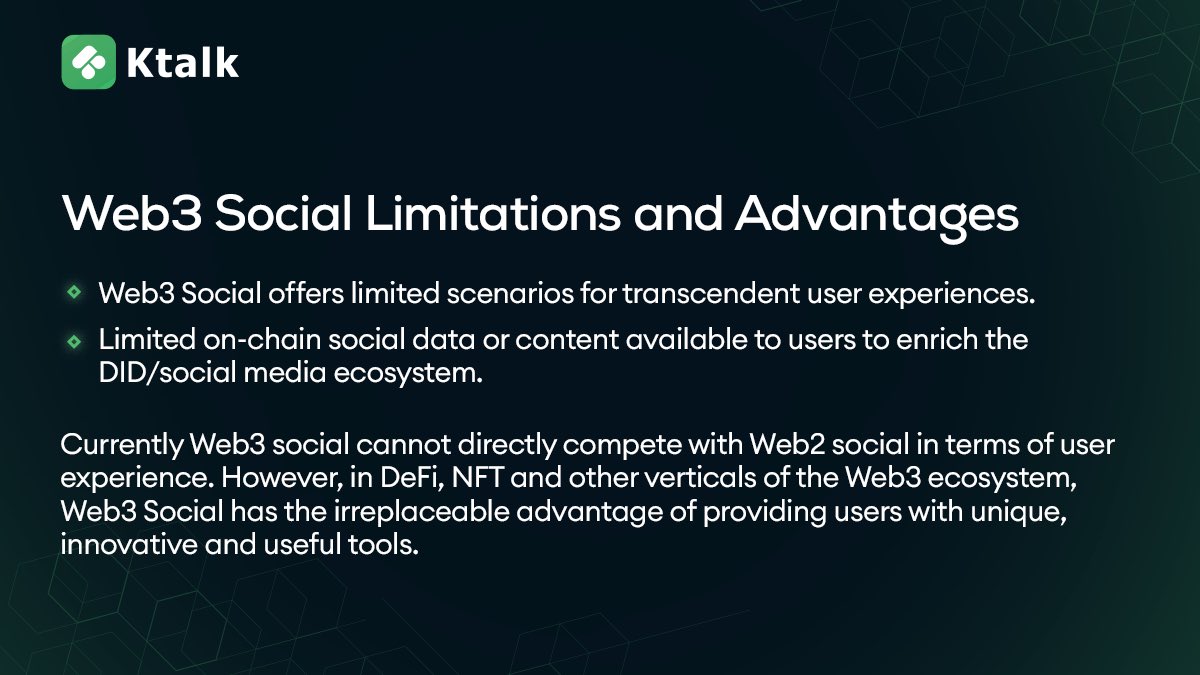 ⚡️#Ktalk - #Web3 Social Limitations and Advantages

🔸Web3 Social offers limited scenarios for transcendent user experiences.
🔸Limited on-chain social data or content available to users to enrich the DID/social media ecosystem.

#DeFi #NFTCommunity #web3community 

1/2