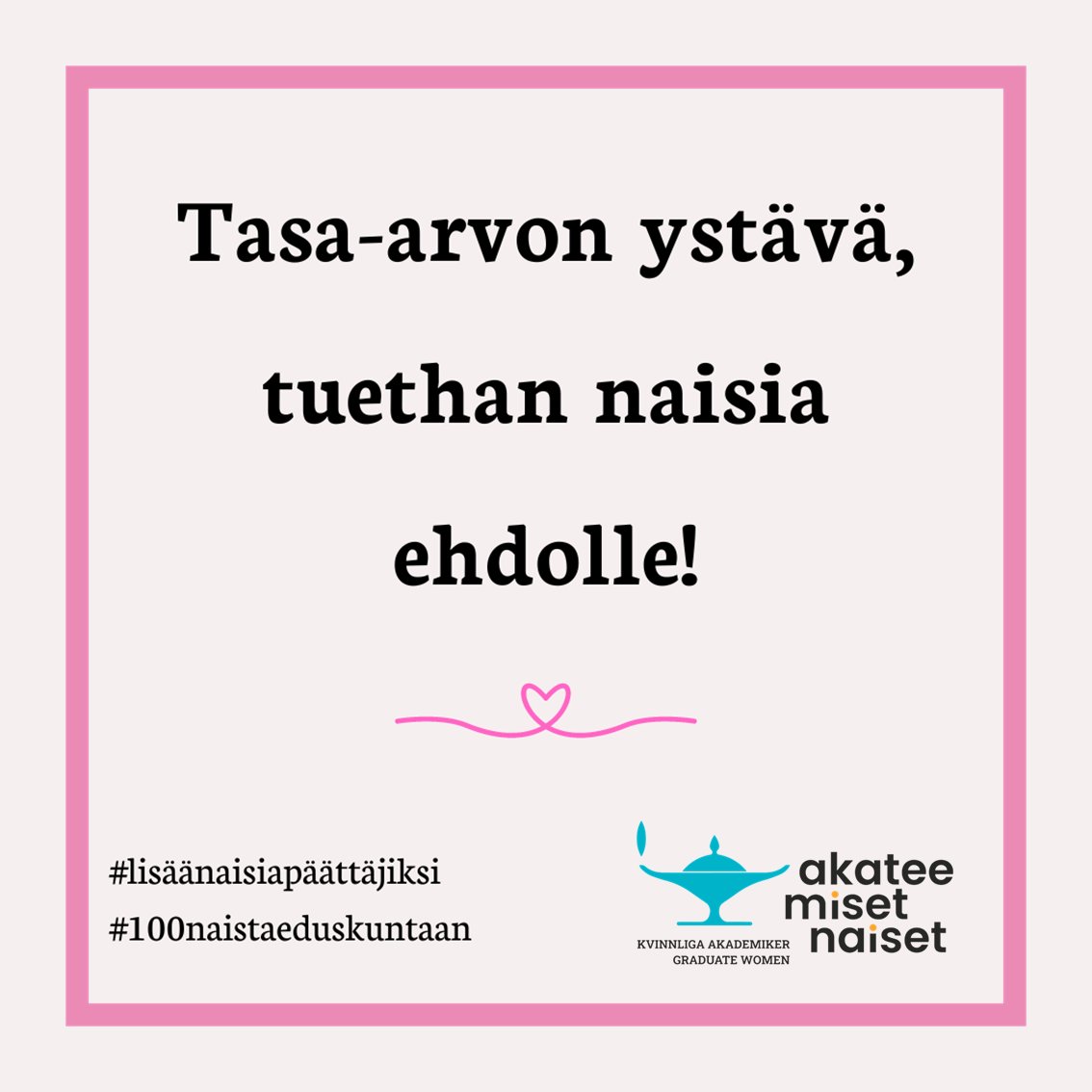 Tänään ystävänpäivänä kannustamme puolueita varmistamaan, että niiden ehdokasasettelu on kevään eduskuntavaaleissa tasa-arvoinen. Tarvitsemme lisää naisia päättäjiksi!
#vaalit2023 #eduskunta #tasaarvo #tasaarvovaalit #kaikkienvaalit #lisäänaisiapäättäjiksi #100naistaeduskuntaan