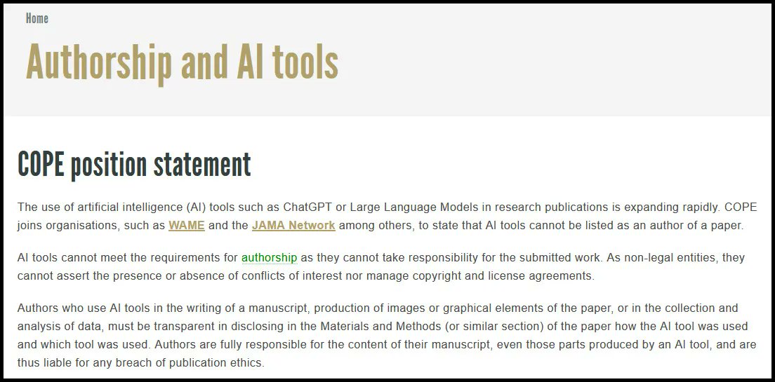 fake_journals's tweet photo. Good to see @C0PE (following @WAME_editors and @JAMANetwork) making a statement about #Ai tools as #authors. In short, AI tools cannot be authors. Good to have such a definitive statement. https://t.co/EjbBIKaSbu https://t.co/KyHjLe5yjP