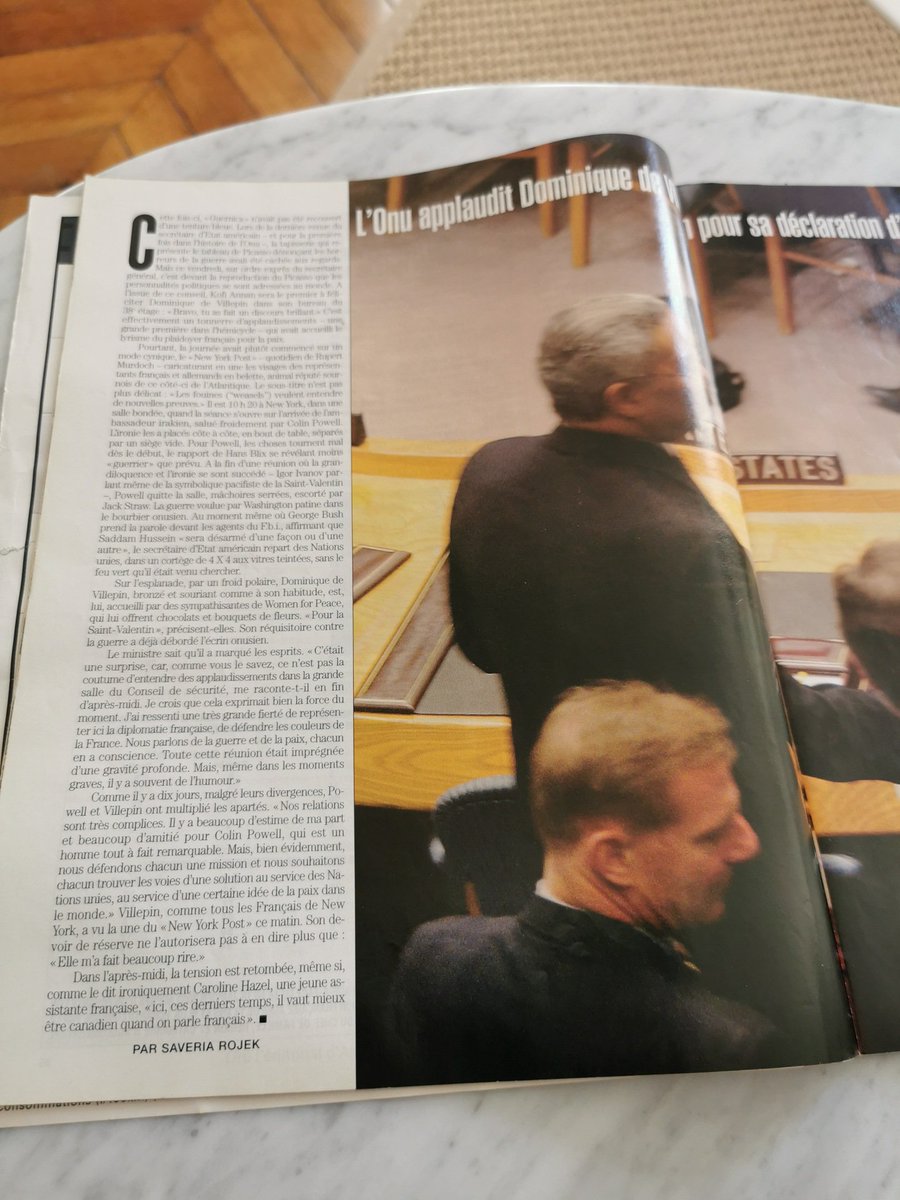 "Chirac Villepin, Les guerriers de la paix" un de mes premiers papiers pour <a href="/ParisMatch/">Paris Match</a> , et les circonstances l'ont portées en Une du journal. Pensées pour <a href="/RomainClergeat/">romain clergeat</a> <a href="/AlainGenestar/">Alain Genestar</a> <a href="/CarolineMangez/">Caroline Mangez</a> <a href="/LeSommierRgis/">Régis Le Sommier</a> et bien sûr, Olivier Royant.