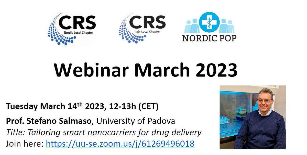 Don't miss the joint lunch webinar organized by <a href="/CRSNordicLocal/">CRS Nordic Local Chapter</a>, <a href="/CRS_Italia/">CRS Italy Local Chapter</a> and <a href="/Nordic_POP/">Nordic_POP</a>! On March 14th Prof. Salmaso (president <a href="/CRS_Italia/">CRS Italy Local Chapter</a>) will talk about smart nanocarriers for drug delivery . See you there 👇!