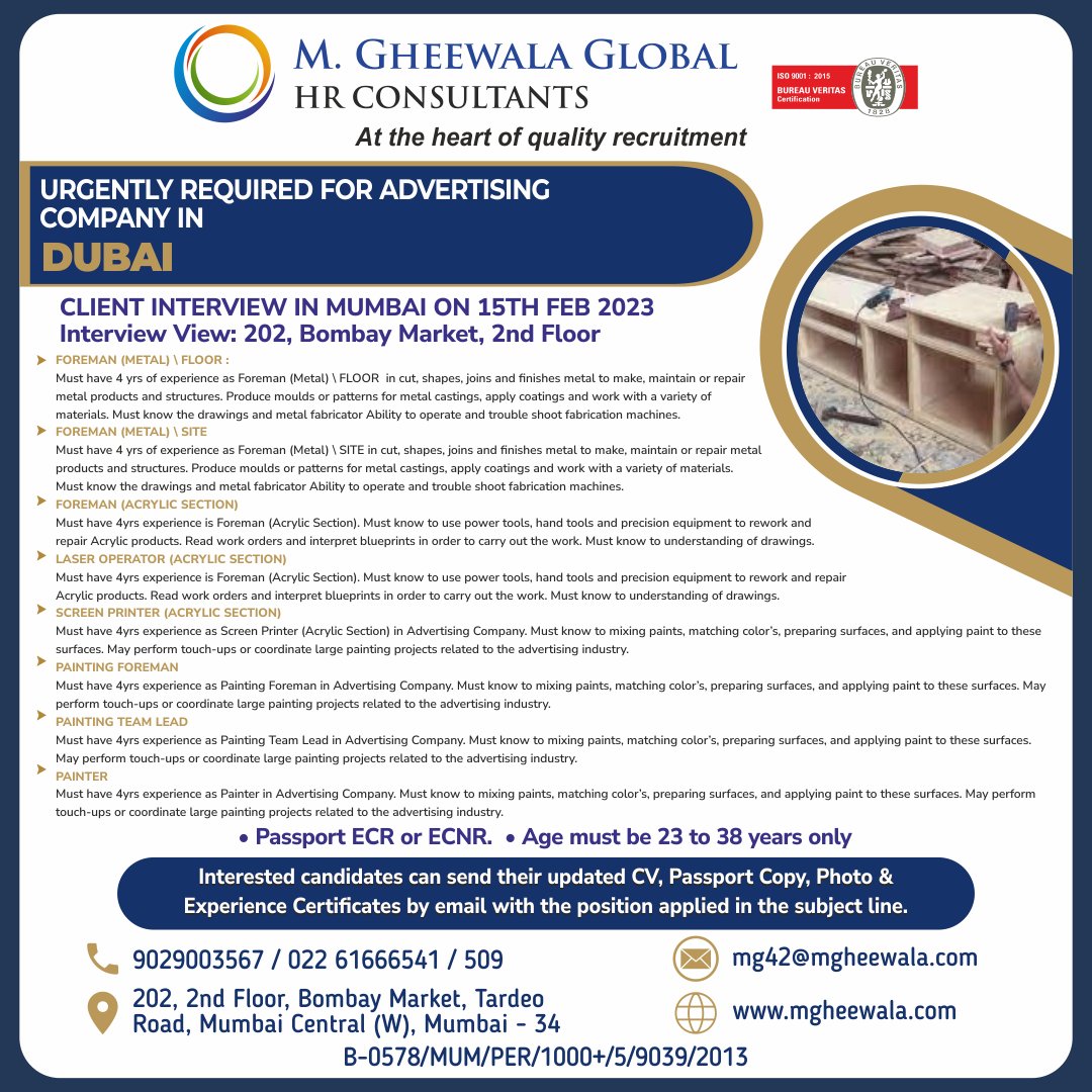 mgheewala_hrc's tweet photo. Job Vacancies for #dubai
Interested Candidates can send the updated resume to mg42@mgheewala.com
Learn More https://t.co/Ps4bxv2mB1
#foreman #metalfloor #laseroperator #paintingteamlead #painter #screenprinter #paintinforeman #acrylicsection #advertising https://t.co/spVupsvB7C
