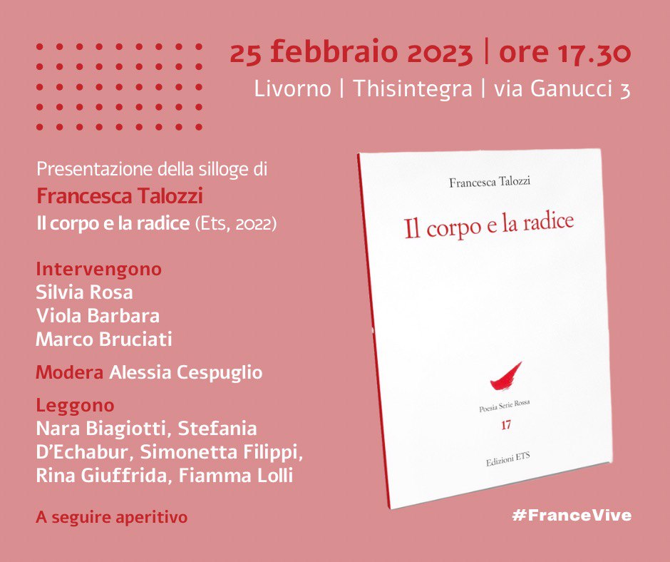 Sabato 27 febbraio a #Livorno un nuovo appuntamento in ricordo della nostra cara #FrancescaTalozzi con la presentazione della sua intensa silloge poetica "Il corpo e la radice", pubblicata da <a href="/EdizioniETS/">Edizioni ETS</a>.
Vi aspettiamo!
👉 Per saperne di più sul libro edizioniets.com/scheda.asp?n=9…