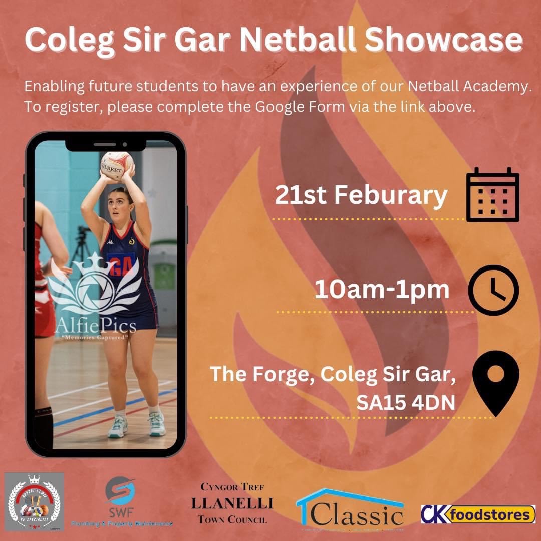 ‼️ Year 11 pupils or netballers that are looking to study in Coleg Sir Gâr aged under 19. 

Opportunity for a training taster session in Coleg Sir Gâr, Tuesday 21st (Half Term). 

Register via the Google form link ⬇️ 
docs.google.com/forms/d/1nHw74…

#colegsirgarsport