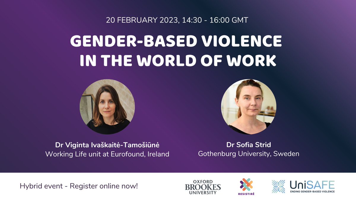 GenderSAFE_gbv's tweet photo. Join us on 20 February to discuss #genderbasedviolence in the world of #work.
Speakers @Vigintai and @stridium will present their latest research, including findings from @Resistire_EU &amp; @UniSAFE_gbv projects.
📍Oxford 🇬🇧 and online
📝Registrations: https://t.co/MIEYMR6IGu https://t.co/XwpzOr1Tql
