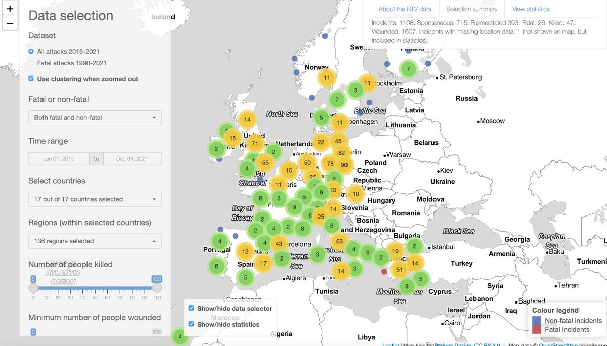 Today @CrexUiO launches the RTV Map Tool. This #openaccess tool provides detailed information, incl. geolocation, on right-wing violent attacks in Western Europe since 1990. A thread 1/10 sv.c-rex.uio.no/RTVMapTool/