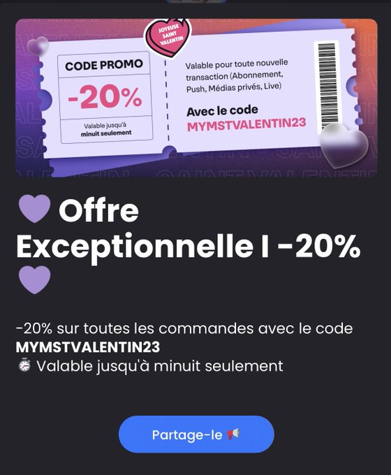 🚨 Code promo aujourd'hui seulement sur MYM‼️  🎁 Profitez de -20% sur TOUT ! (Abonnement, m&eacute;dia priv&eacute;<a href="/tag/snapchat"class="tags"><span>#snapchat</span></a><a href="/tag/snap"class="tags"><span>#snap</span></a>