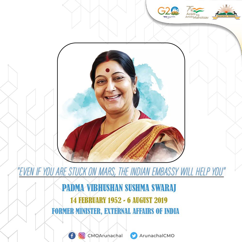 ArunachalCMO's tweet photo. Our fond remembrances and respectful tributes to Padma Vibhushan Smt. Sushma Swaraj on her 71st Birth Anniversary. Her invaluable service to the country will always be remembered.
#SushmaSwaraj #India #ExternalMinister #CMOArunachal #ArunachalPradesh #Sushmaji https://t.co/6yLyeInjGZ