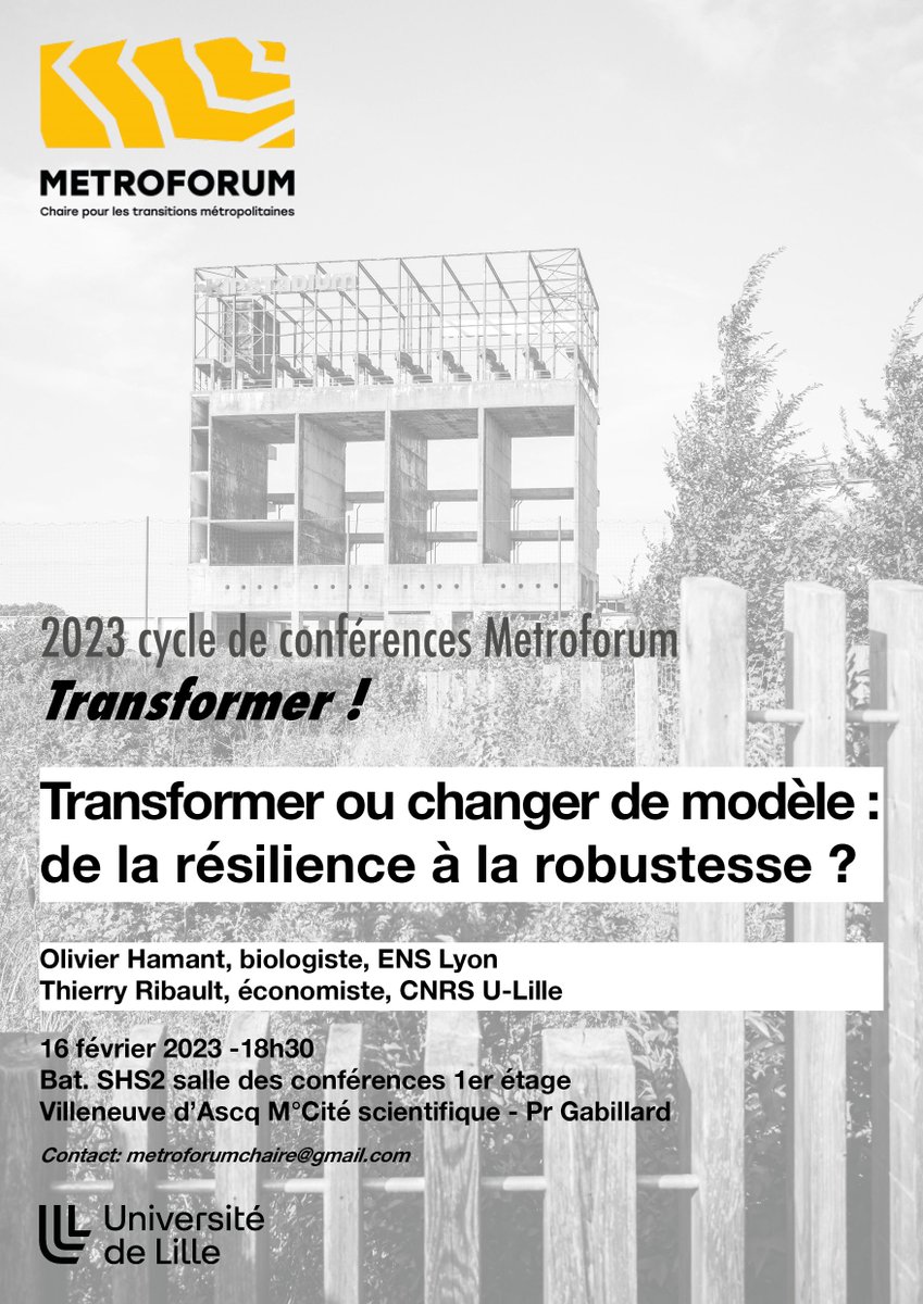 J-2 avant la conférence de Thierry Ribault et Olivier Hamant  « Transformer ou changer de modèle ? De la résilience à la robustesse » 
Nous vous donnons rendez-vous le 16 Février au SH2 sur le campus Cité Scientifique des 18h30
Inscription : framaforms.org/inscription-co…