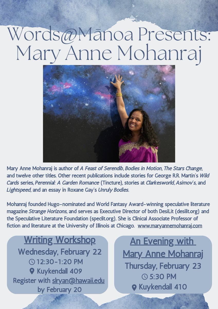 UH Mānoa Creative Writing (@uhmcreatwrit) on Twitter photo In one week, we will welcome <a href="/mamohanraj/">MaryAnneMohanraj</a> for two exciting events! See flyer for details on how to register for Mohanraj's workshop (2/22, 12:30-1:20 PM), and don't miss her author talk, 2/23 at 5:30 PM. Looking forward to seeing you in Kuykendall Hall! In one week, we will welcome <a href="/mamohanraj/">MaryAnneMohanraj</a> for two exciting events! See flyer for details on how to register for Mohanraj's workshop (2/22, 12:30-1:20 PM), and don't miss her author talk, 2/23 at 5:30 PM. Looking forward to seeing you in Kuykendall Hall!