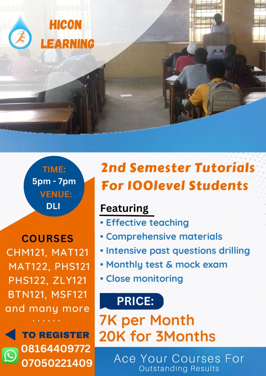 HiconResources1's tweet photo. Don't wait till test or exam period before you start preparing to ace all your courses, delay is dangerous!
Join HICON LEARNING today for your 100 level second semester tutorials
Venue: DLI from 5:00PM - 7:00PM during Weekdays 
To register, Call/Chat Kagos:https://t.co/HIQ9Rv0Nwa https://t.co/KksWtUt8OK