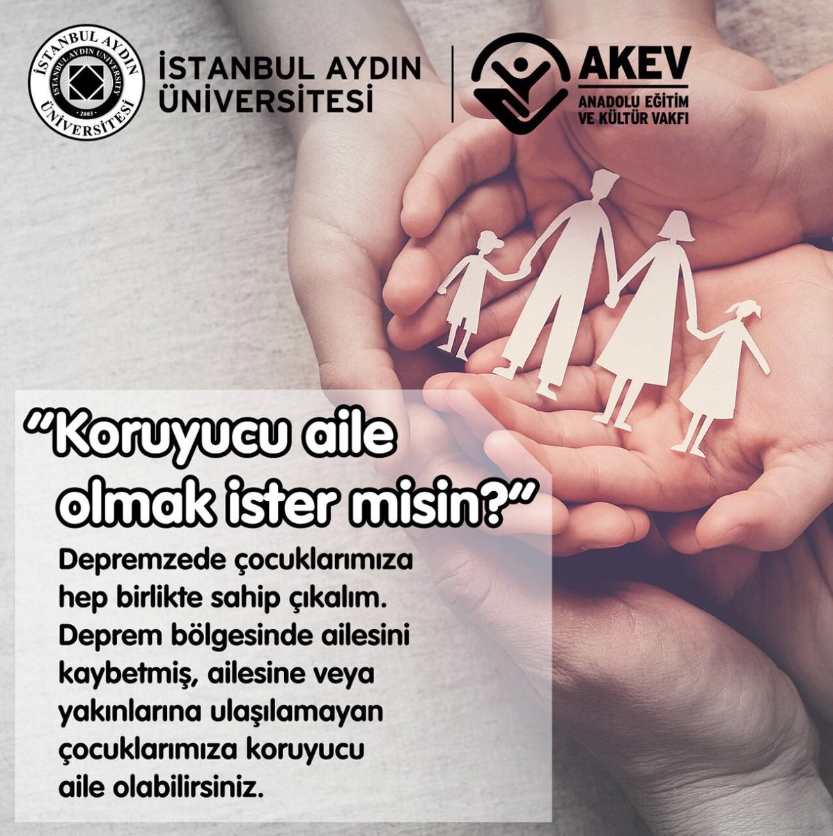 Depremzede çocuklarımıza koruyucu aile olmak ister misiniz?
Depremzede çocuklarımıza hep birlikte sahip çıkalım. Deprem bölgesinde ailesini kaybetmiş, ailesine veya yakınlarına ulaşılamayan çocuklarımıza koruyucu aile olabilirsiniz. 
Bilgi için: aydin.edu.tr/haberler/Pages…