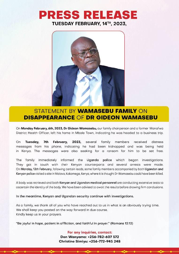 Don Wanyama (@nyamadon) on Twitter photo Our family statement on disappearance of our family head, Dr Gideon Wamasebu. Keep us in prayer. <a href="/newvisionwire/">The New Vision</a> <a href="/ubctvuganda/">UBC UGANDA</a> <a href="/nbstv/">NBS Television</a> <a href="/DailyMonitor/">Daily Monitor</a> <a href="/NationAfrica/">Daily Nation</a> Our family statement on disappearance of our family head, Dr Gideon Wamasebu. Keep us in prayer. <a href="/newvisionwire/">The New Vision</a> <a href="/ubctvuganda/">UBC UGANDA</a> <a href="/nbstv/">NBS Television</a> <a href="/DailyMonitor/">Daily Monitor</a> <a href="/NationAfrica/">Daily Nation</a>