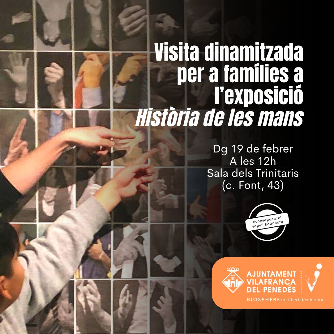 VilafrancaAj's tweet photo. 🤩🤲Visita familiar en el marc de l’exposició “Història de les mans”
📆Diumenge 19 de febrer
⏰12h
📌Sala dels Trinitaris (c/ Font, 43)
🎟️L’activitat és gratuïta i té una durada d'1h i 30 min.
🚀Activitat #Edunauta
➕info: https://t.co/Y6pSyq8NMq https://t.co/PcyWnRXiGx