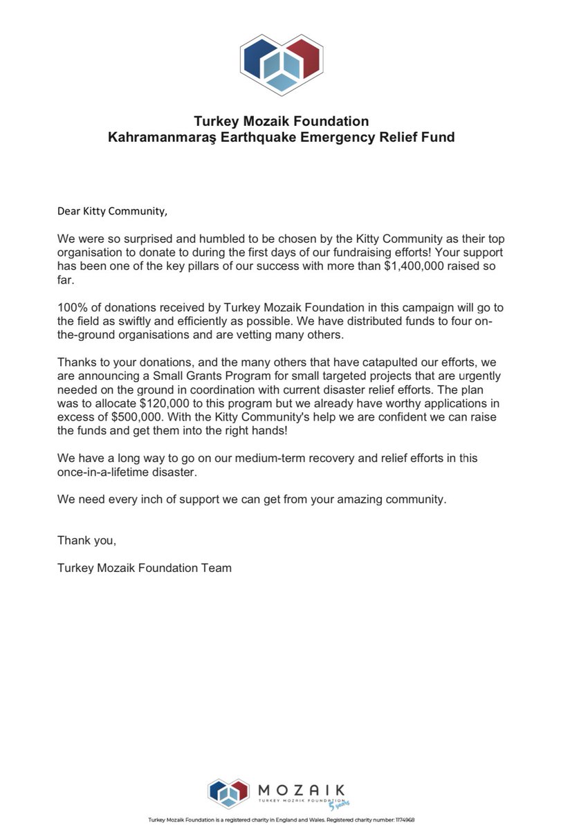 Can I have everyone’s attention please! See below a communiqué by the Turkish relief charity Mozaik addressed directly to the Kitty community. This is what having an impact is. So thank you all for saving lives. As they rightly say, more is needed. Don’t let this slip