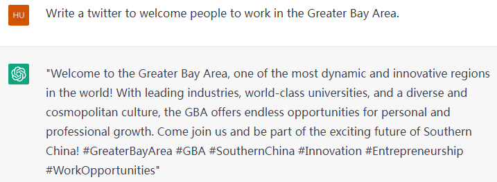iGuangdong's tweet photo. 🤖 Everyone around the globe is talking about @OpenAI. When we asked #ChatGPT to give a briefing on the #Guangdong-Hong Kong-Macao Greater Bay Area and write a post to welcome people to come to the #GBA, here’s what we got👇:

#GDimpression #GBAfocus https://t.co/FYwmEXM9xS