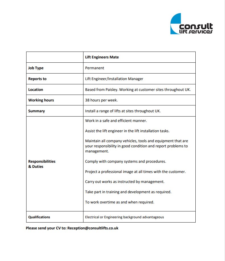 Job opportunity for Lift Engineers Mate! 

Know anyone who might be interested? Please feel free to share this post with your friends who are looking for a fresh opportunity in the lift industry.  

Can also apply through: uk.indeed.com/job/lift-engin…