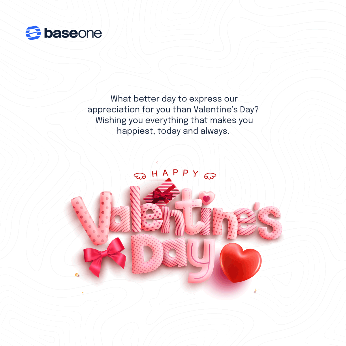BaseOneofficial's tweet photo. What better day to express our appreciation for you than Valentine’s Day?

Wishing you everything that makes you happiest, today and always. 

Happy Valentine’s Day!

#baseone #fintech #valentine https://t.co/pn06OK3GGJ