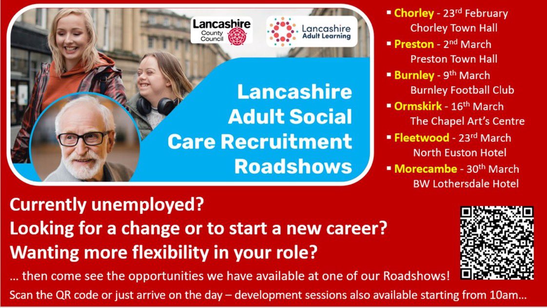 🙏 share -@LancsLearning are supporting @LancashireCC to help fill vacancies in adult #socialcare Come & join us at one of our #roadshows to find out more 🙌🏻@JCPinLancashire @LancsSkillsHub @DHSCgovuk @SarahHaworth10 @LisaOLNCCG #retraining #upskillinglancashire #flexiblework