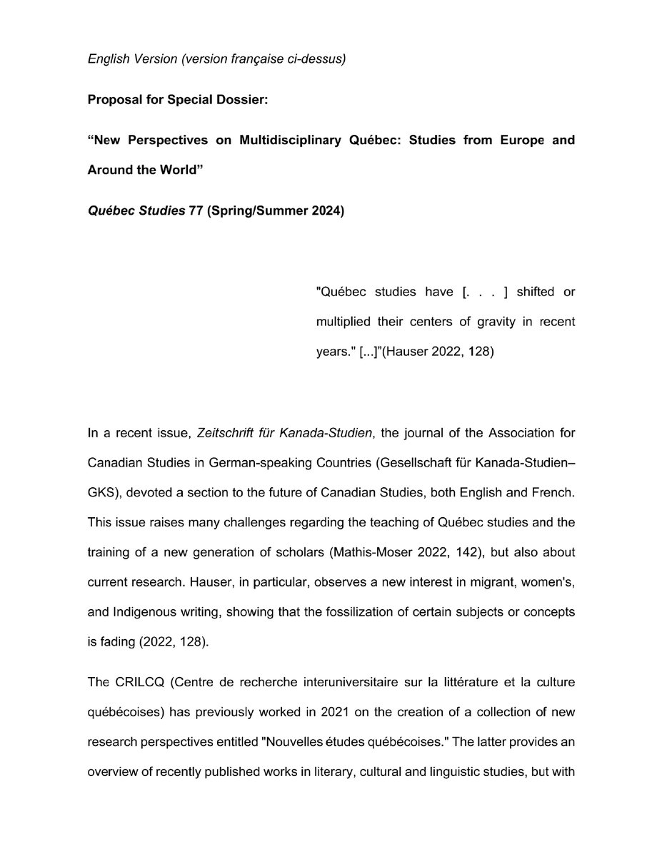 MSousaOliveira's tweet photo. Happy to share our latest #CfP for a proposed special dossier of #QuebecStudies org w @jody_danard Doubly happy that it's a fruit of our new intl netwrk #CanStudies @ICCS_CIEC & @ACQS1 2023
#Appelàcontributions #chercheursémergents #étudescanadiennes #ECR #Quebec #AcademicTwitter https://t.co/l9GbF7b9Ef