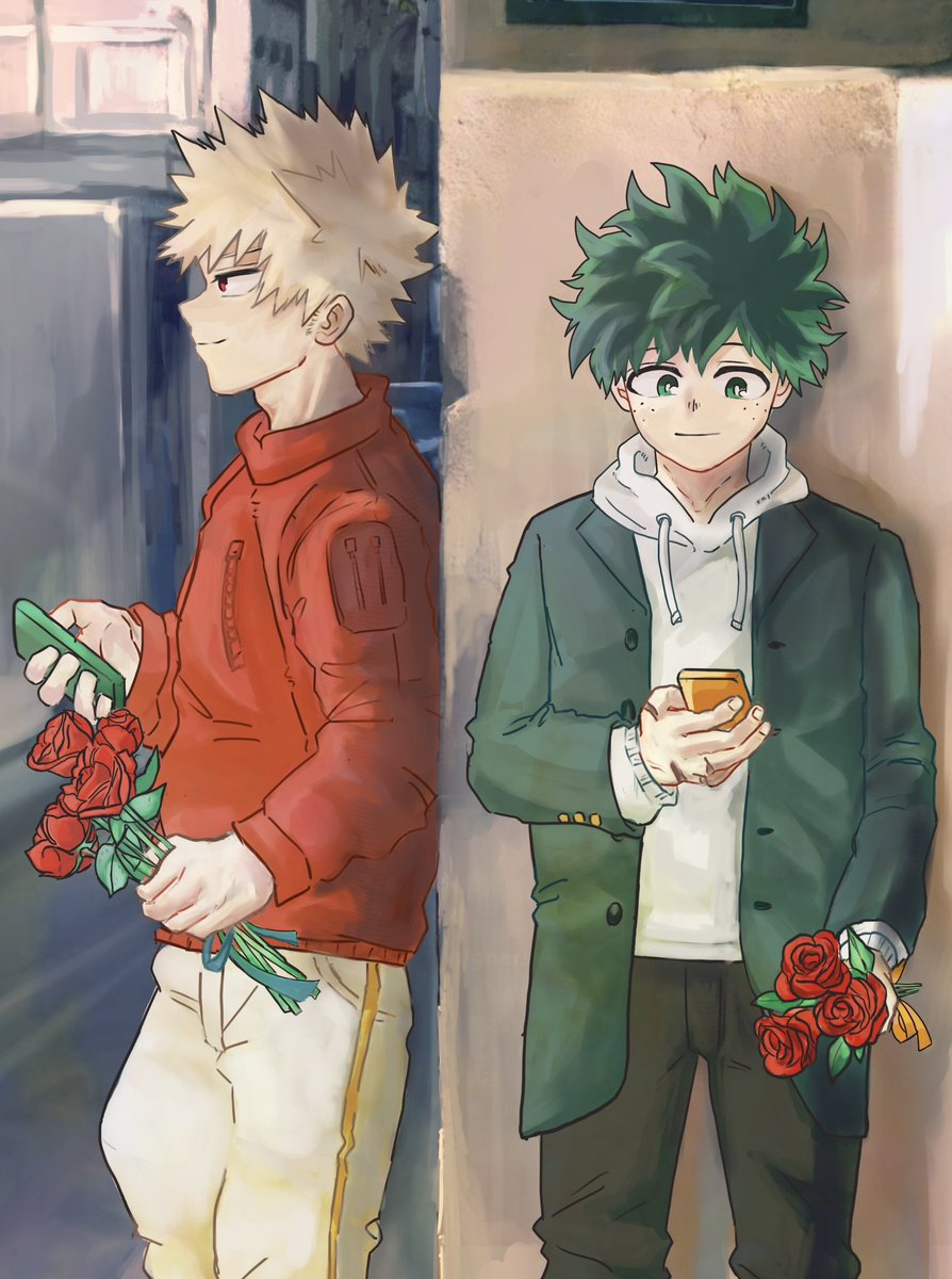 bakugou katsuki ,midoriya izuku multiple boys 2boys male focus hoodie green hair flower red flower  illustration images