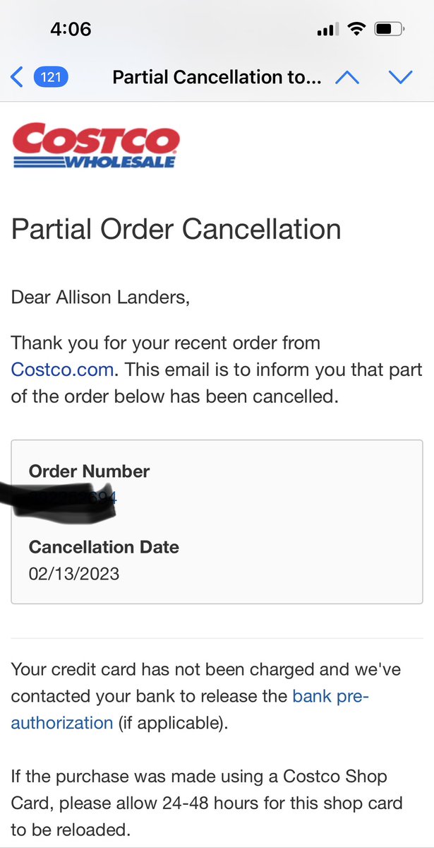 AllisonLanders's tweet photo. @costco #costco What part of my order was canceled and why? Can’t find an email address to forward this to in the service center this links to and the app shows my original order as is https://t.co/o9qxUeauzk
