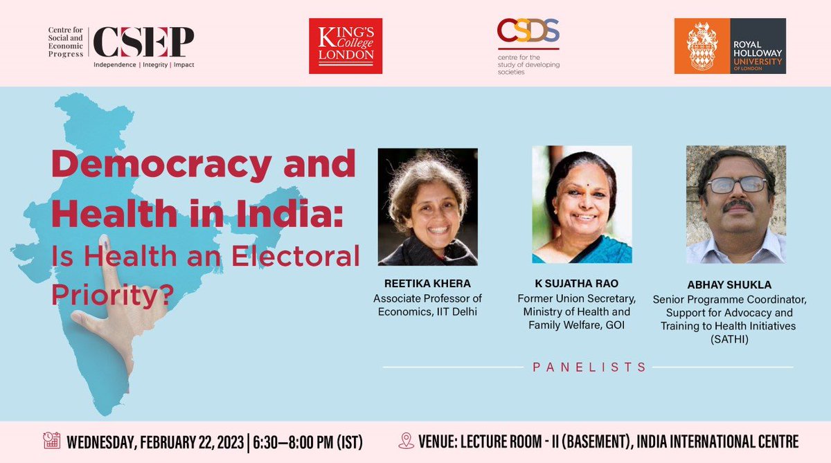 Join us for the launch of a survey report on Health and Democracy in India: Is Health an electoral priority? The event will include a presentation of the survey findings and discussion with an eminent panel: Reetika Khera, Sujatha Rao and Abhay Shukla Weds Feb 22nd, IIC Delhi