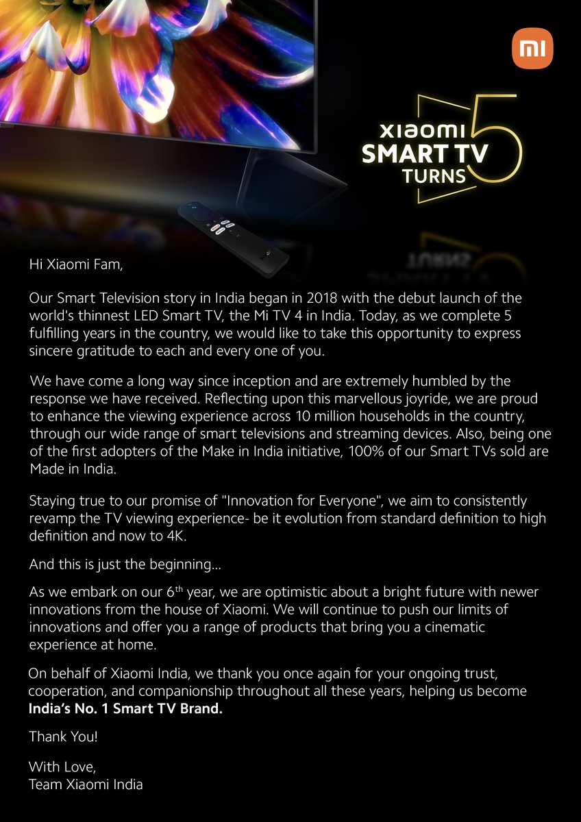 XiaomiTVIndia's tweet photo. Five years and counting! 

We are celebrating our 5th anniversary of Xiaomi Smart TVs and we couldn't have done it without your unwavering support. Here's to many more years of delivering the ultimate viewing experience.

Thank you Xiaomi Fans and India for all the love. https://t.co/2BeMHipYLs
