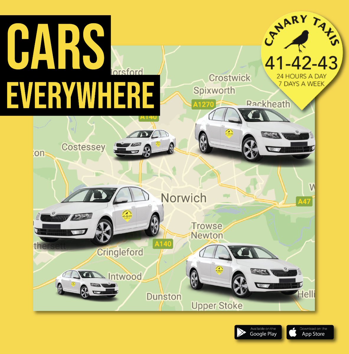 𝗖𝗔𝗥𝗦 𝗘𝗩𝗘𝗥𝗬𝗪𝗛𝗘𝗥𝗘 
The Canary Taxis App, allows you to travel at the touch of a button, providing quick and simple travel, day and night! 🚕 🌟
Call 01603 414243 to book
Download our app 👇
onelink.to/j3e76t