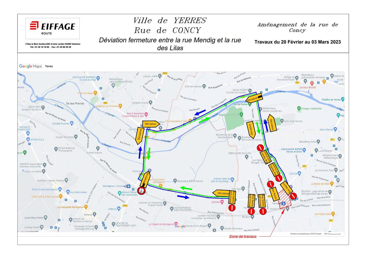 [INFORMATION TRAVAUX] 🚧 La Ville de Yerres réalisera des travaux d'aménagement dans la rue de Concy, ce qui impactera la circulation à l'entrée de Crosne, du 20 février au 3 mars. ⚠️Retrouvez les déviations qui seront mises en place entre la rue Mendig et la rue des Lilas 👇🏼