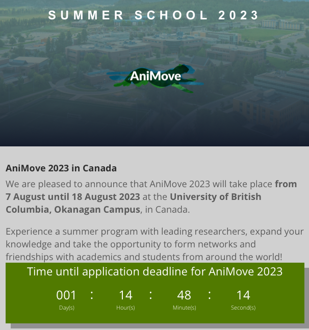 AniMove's tweet photo. The clock is ticking ! Countdown to sign up for #Animove 2023 @ubcokanagan. Come and join us in Canada! https://t.co/uD0r6IAvr6
