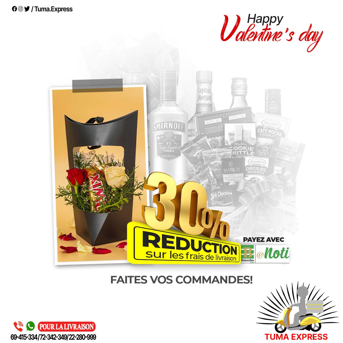 bancobuenoti's tweet photo. Votre Saint Valentin ne pourra que bien se passer. Envoyez-lui une commande surprise avec @tumaexpress  et bénéficiez d'une réduction de 30% sur les frais de livraison en payant avec #enoti.

#Bancobu_enoti #eNoti #Burundi #Tumaexpress #deliveryservice #deliveryflowers https://t.co/4WA9s65VtK