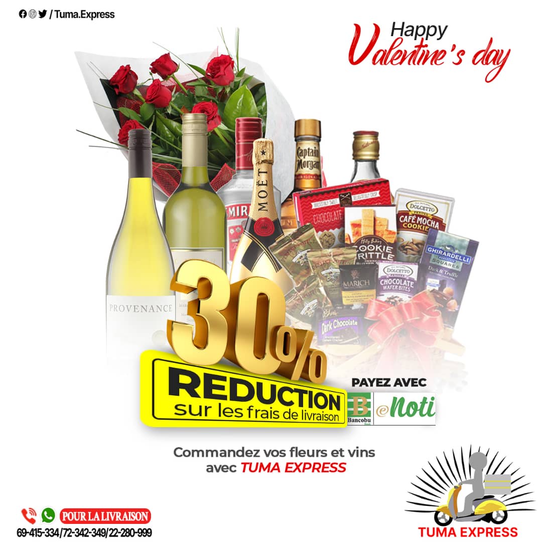 bancobuenoti's tweet photo. Votre Saint Valentin ne pourra que bien se passer. Envoyez-lui une commande surprise avec @tumaexpress  et bénéficiez d'une réduction de 30% sur les frais de livraison en payant avec #enoti.

#Bancobu_enoti #eNoti #Burundi #Tumaexpress #deliveryservice #deliveryflowers https://t.co/4WA9s65VtK