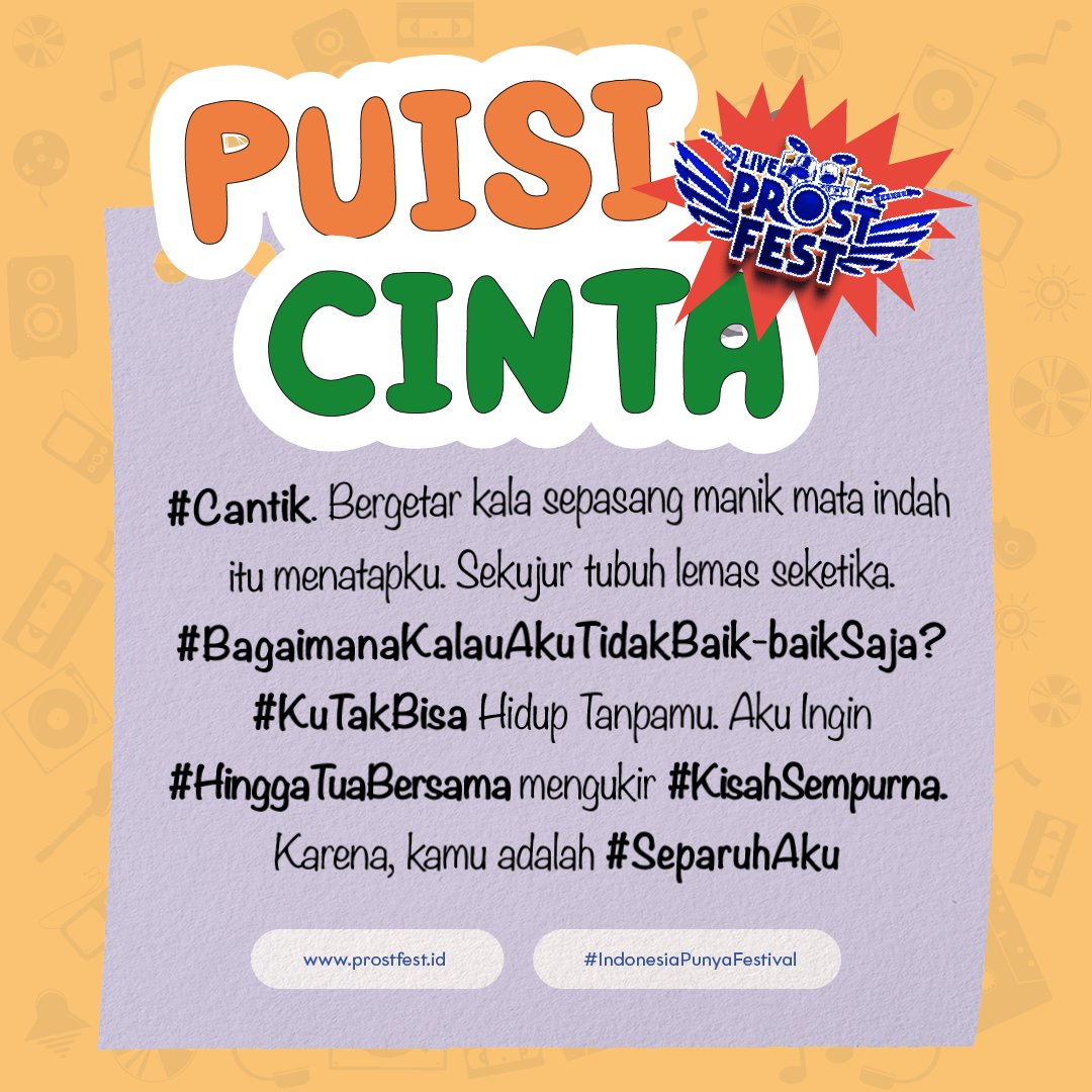Day of love! Banyak cara buat nunjukin kasih sayang salah satunya dengan puisi. Coba tebak, performers yang judul lagunya kita pake di puisi ini!

#ProstFest
#IndonesiaPunyaFestival
#IndonesiaPunyaMusik
#IndonesiaPunyaRasa
#IndonesiaPunyaKarya
