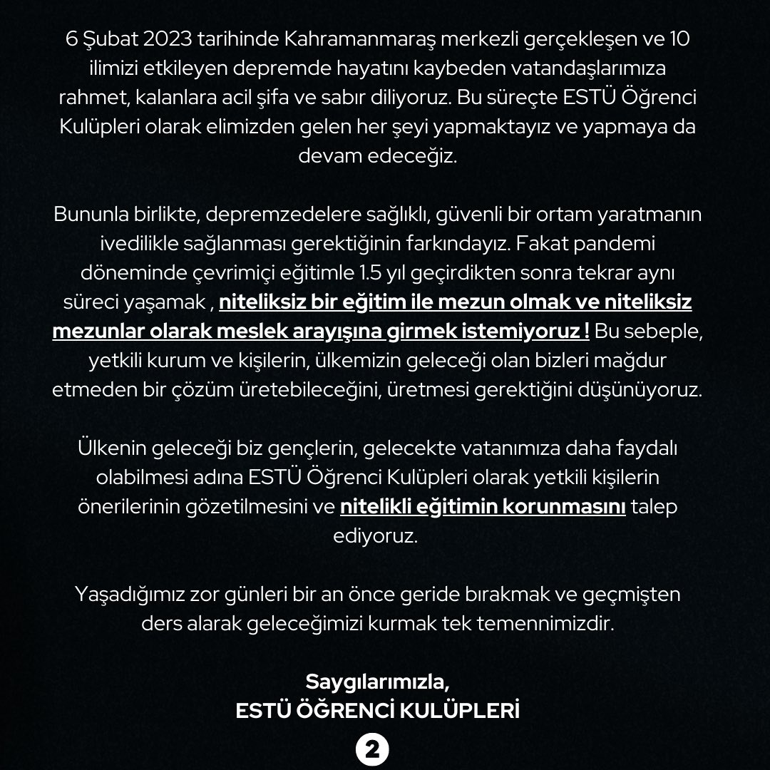 Eskişehir Teknik Üniversitesi Öğrenci Kulüpleri ortak bildirimizdir. #uzaktan #üniversitelerkapatılmasın