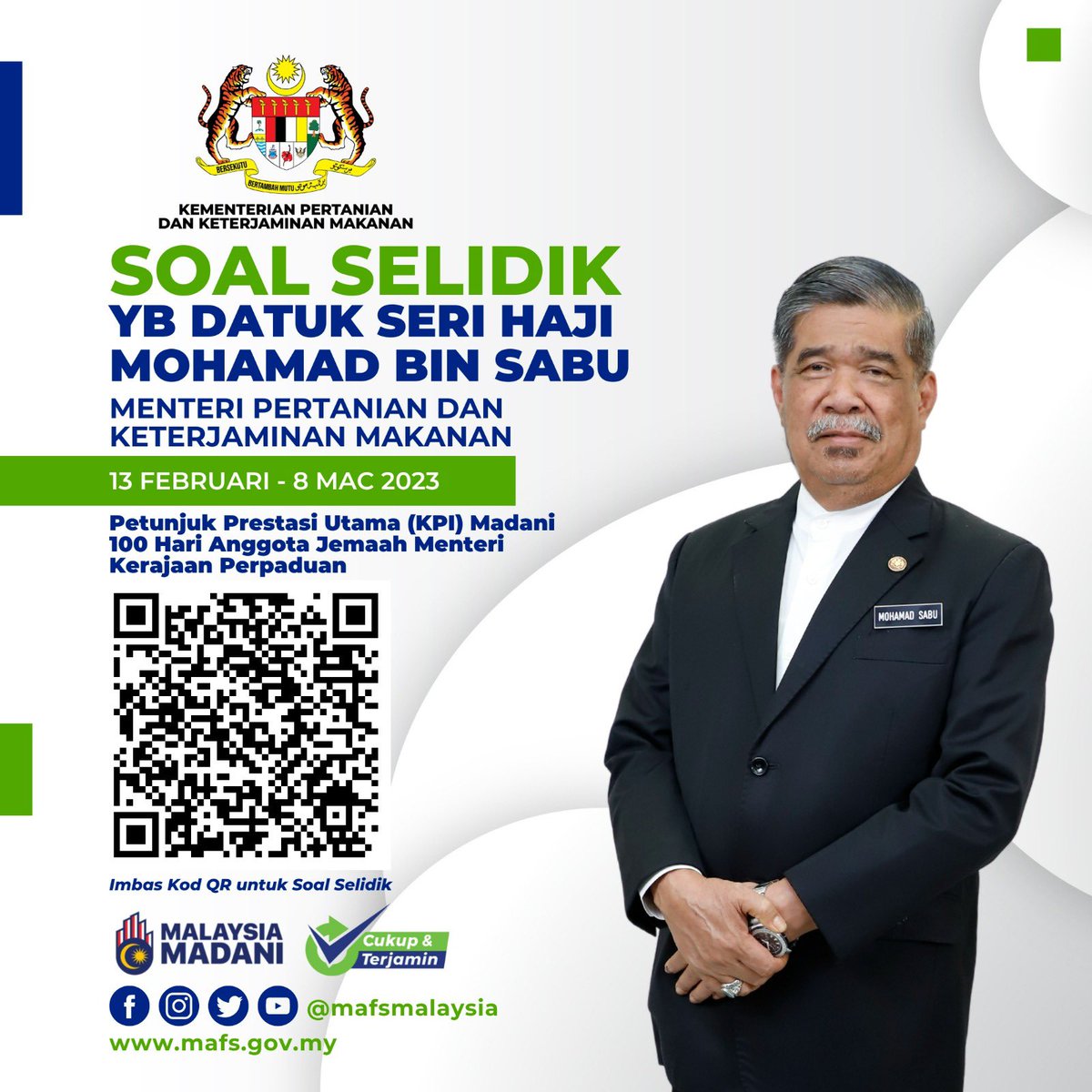 TINJAUAN SOAL SELIDIK TERHADAP PRESTASI YB MENTERI DALAM PROGRAM PETUNJUK PRESTASI UTAMA (KPI) MADANI 100 HARI ANGGOTA JEMAAH MENTERI KERAJAAN PERPADUAN.

#betterMARDI
#penerajuinovasiagroteknologi
#mardiberinovasi

link: mytinjauanmadani.mampu.gov.my/ms/survey/mini…