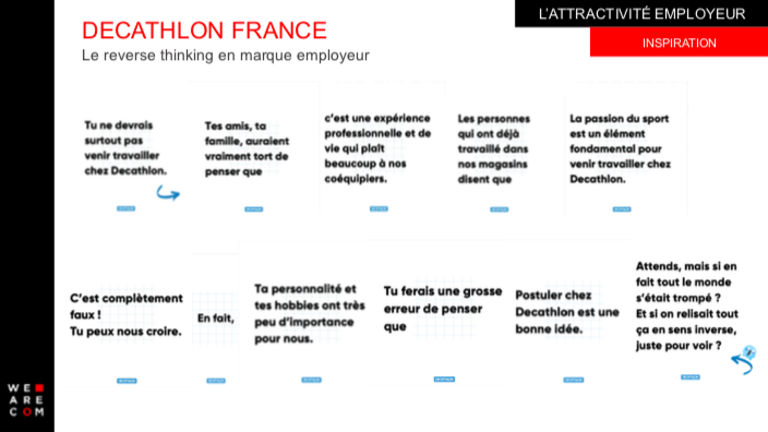 We_are_com's tweet photo. L’employeur le plus engagé en matière de #RSE (Universum), @Decathlon, réalise une campagne de recrutement reverse thinking provocante. Vous l’aurez compris, le message est à lire en sens inverse. #ClubWeAreCOM #communication https://t.co/ZT3zJwX7an