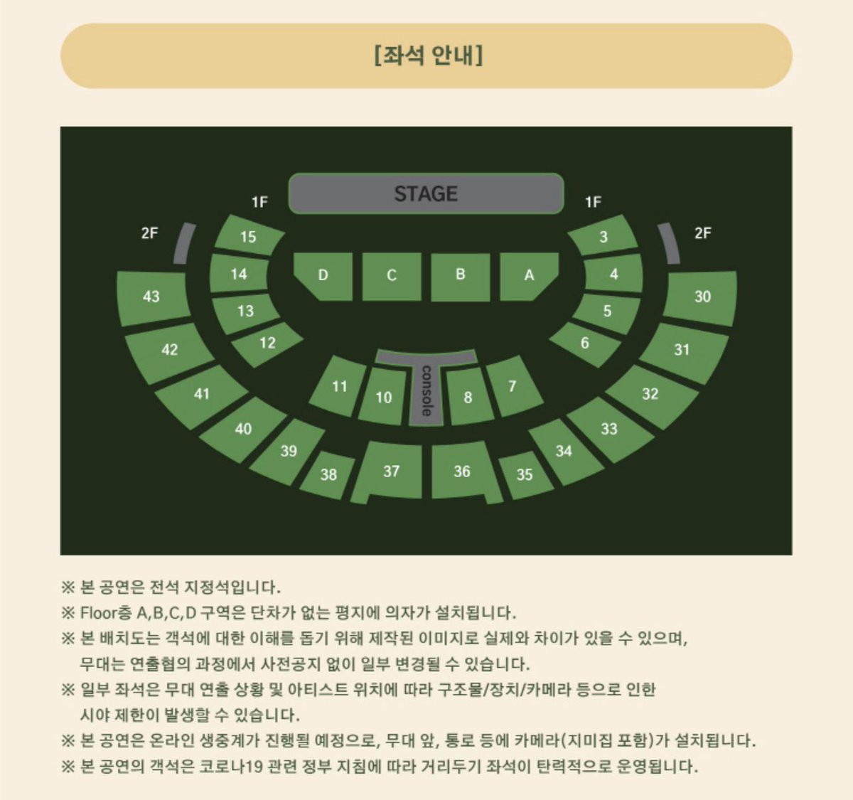4기 팬미팅 시야 돌아보기
1일차: 1층 6구역 3열 우측 사이드 
2일차: 플로어 C구역 12열 좌측 

1일차: 생각보다 잘보였다 눈으로는 보이지만 아이폰 카메라로 확대했을 때 얼굴 모자이크 되는 정도의 거리
2일차: 전날보다 훨씬 가까워진 느낌. 12열이면 뒤쪽에 속했음에도 1층에 비해 확연히 잘보임