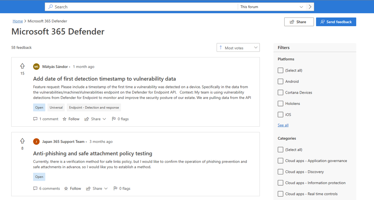 I'm happy to share that we have a new feedback hub channel for Microsoft 365 Defender! feedbackportal.microsoft.com/feedback/forum… 
Here you can surface feature requests (no bugs pls), upvote to other feature requests and comment on them! #xdr #infosec #feedback #m365d
